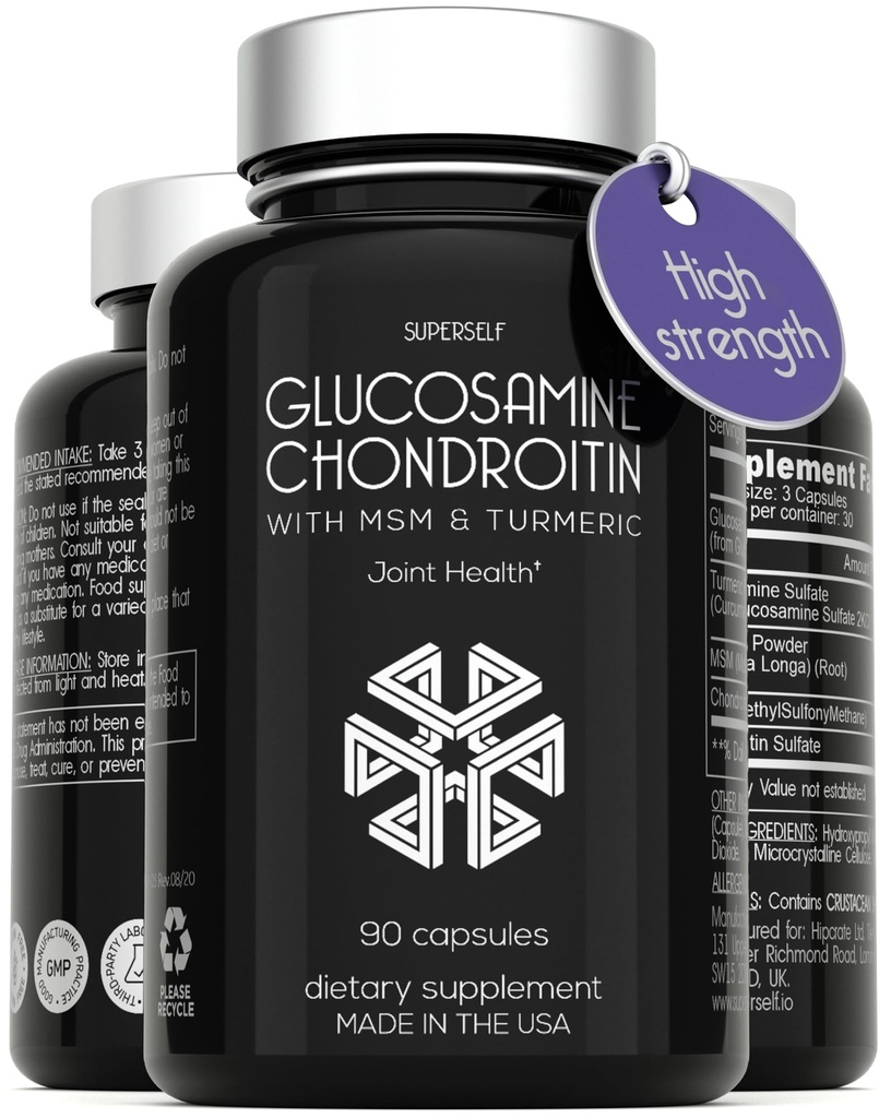 Glucosamină Chondroitin MSM cu Turmeric - supliment de susţinere comun de înaltă rezistenţă pentru adulţi Bărbaţi şi femei - 90 capsule - 1500 mg Glucosamină sulfat per Serving