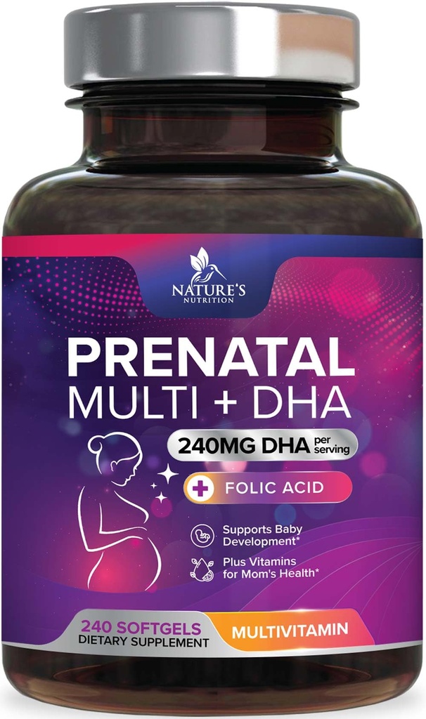 Vitamine prenatale cu acid folic & DHA, suport pentru dezvoltarea creierului fetal cu Folate & Omega 3, multivitamine prenatale pentru femei, vitamina A, C, D, B6, B12 & Fier, Suplimentul pentru sarcină - 240 Softgels