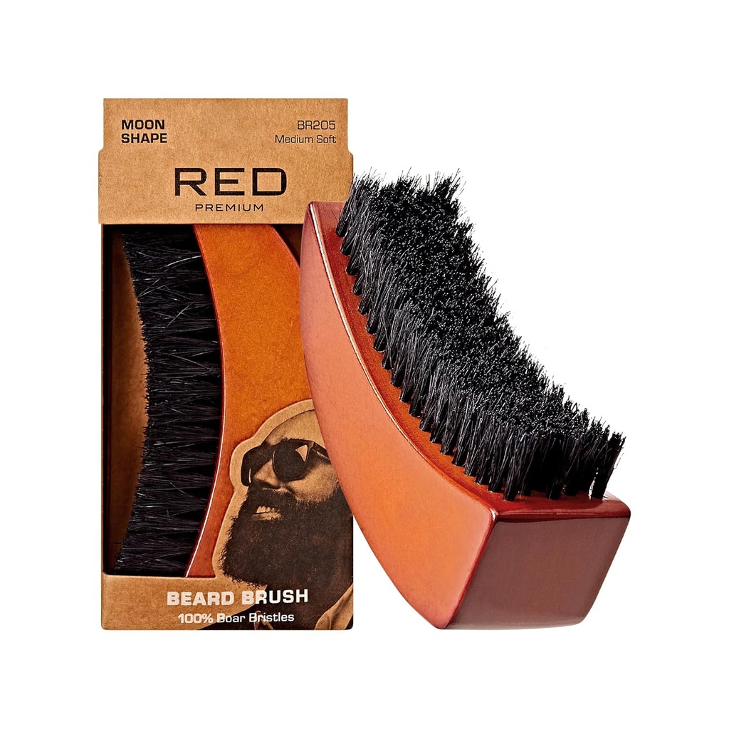 RED by Kiss Beard Brush with 100% Natural Boar Bristles for Men, Premium Wooden Brush, Beards Mustaches Grooming Shaving Comb, Tame and Somen Facial Hair (MOON SHAPE)
