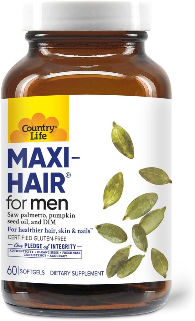 Viața de țară Maxi-Hair pentru bărbați - 2000mcg Biotin, Saw Palmetto, ulei de semințe de dovleac, DIM, Potasiu, Magneziu, Blend de calciu și zinc - Sprijină păr mai sănătos, Scalp, Piele & Nails, 60 capsule Vegan
