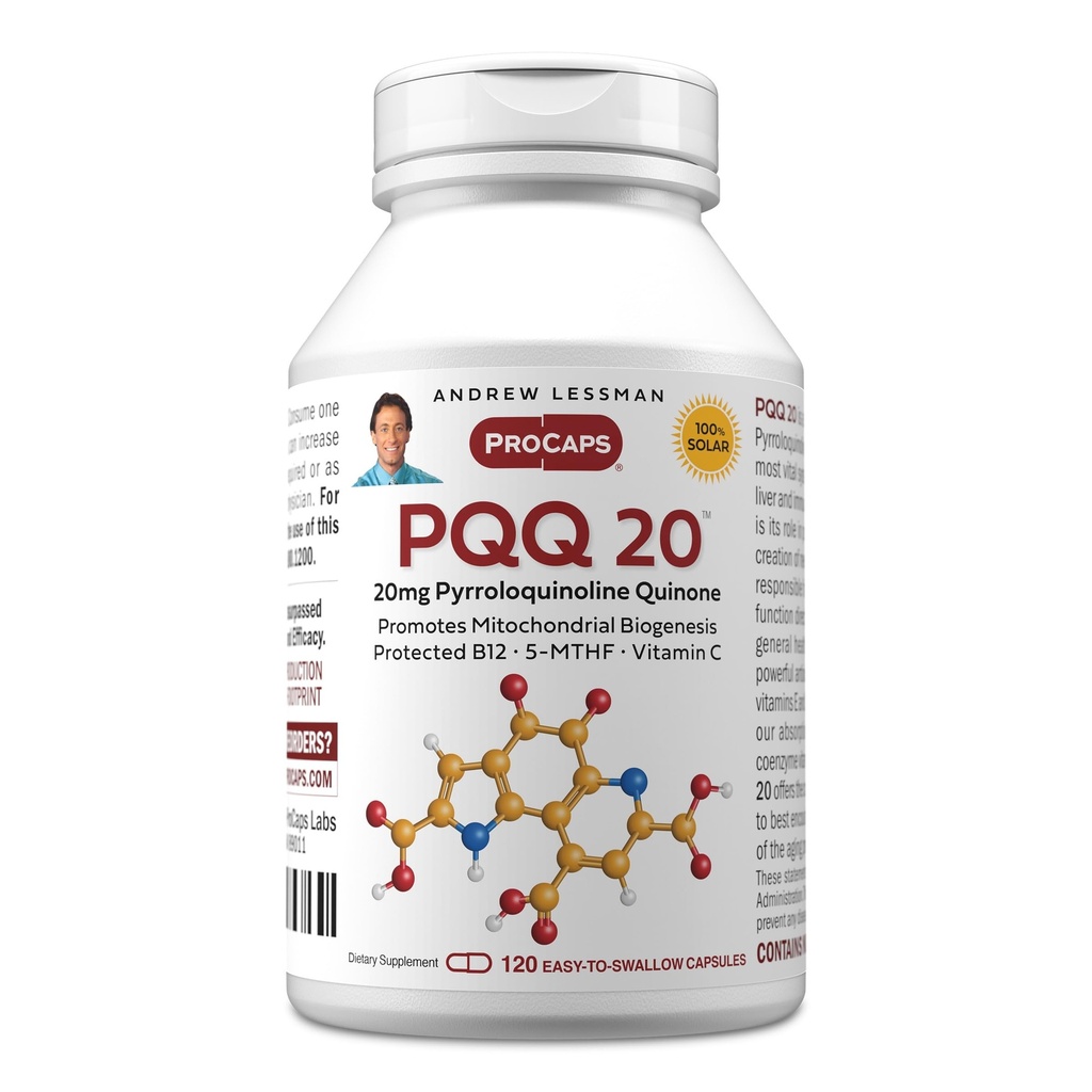 ANDREW LESSMAN PQQ 20mg - 120 capsule - 20mg Pyrrolochinolină Quinone, Compus de protecție naturală susține organe vitale, inimă, creier, ficat, sistemul imunitar. Biogeneză mitocondrială, fără aditivi