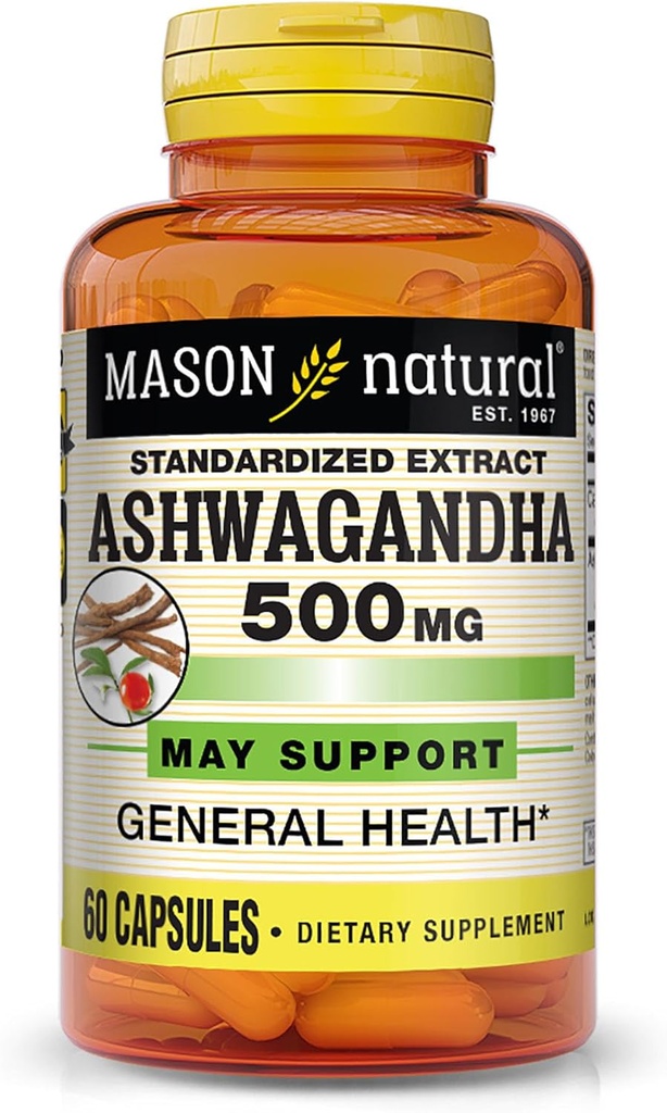 Mason Natural Ashwagandha 500 mg, Adaptogen pentru Stres & Energy Support, Herbal Supplement, 60 zile de aprovizionare