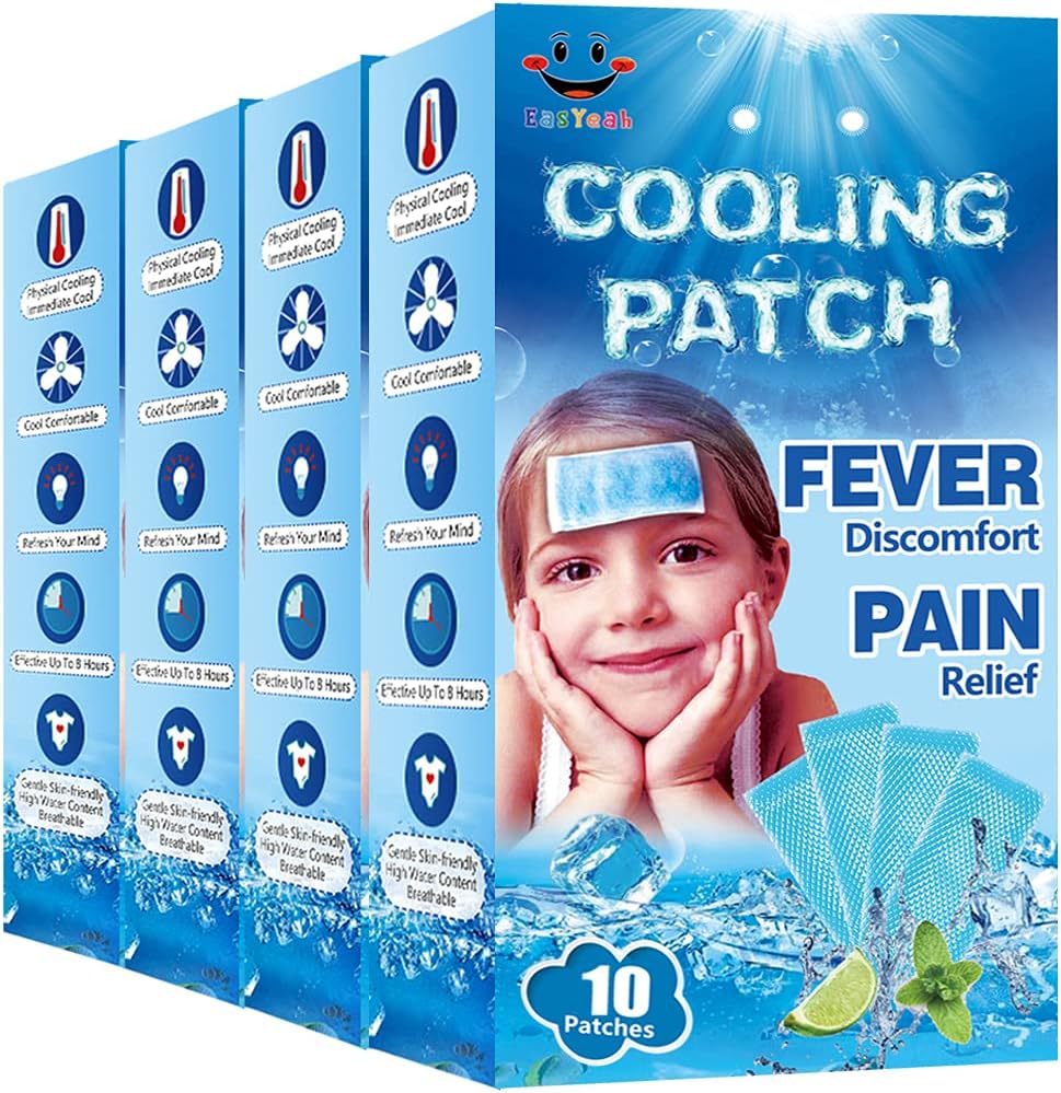 40 Foi EasYeah Cooling Patches for Fever Discomfort & Pain Relief, Refrigerator Febră de răcire, Durere de cap Soothe, 10 Conte per cutie (4 cutii)