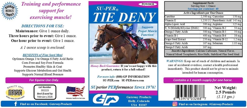 SU-PER Tie Deny Energy Horse Supplement - Sustine functia musculara corespunzatoare in performanta cailor - Circulatie normala & oxigen uptake, Productia de energie, Oboseală intarziere - 2.5 Pound, (2 pachet)