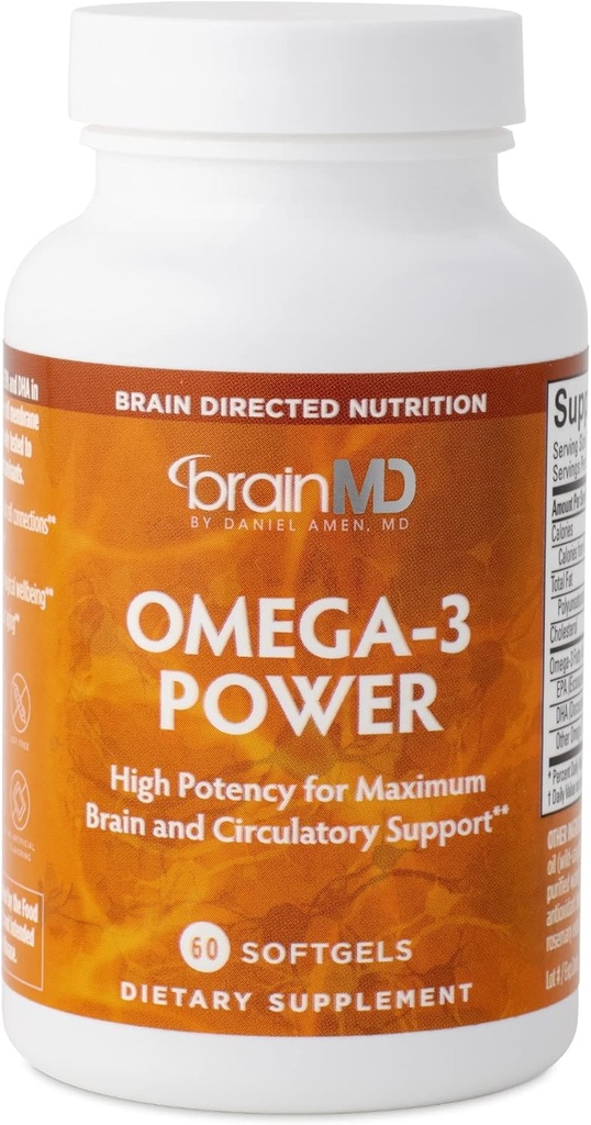 BrainMD Dr Amen Omega-3 Putere - 60 Capsule - Supliment comun și imunitar - Conține DHA & EPA - Gluten gratuit - 30 Serviri