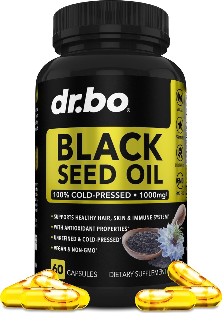 Black Seed Oil Capsule Vegan - pur rece presat Black Seed Oil Nigella Sativa Cumin pentru Skin & Hair Health, 500mg, 1000mg Pe 2 capsule Servirea Blackseed Capsule lichide Halal - 60 Softgels pastile