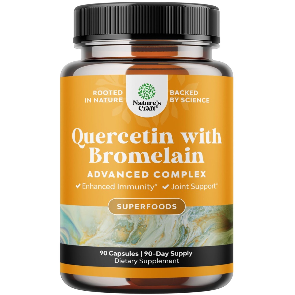 Querbetin pur cu supliment de Bromelain pentru ajutor imunitar - Querbetin 500 mg capsule cu Bromelain pentru suport imunitar şi respiraţie - Supliment respirator nutriţional - 90 Ct