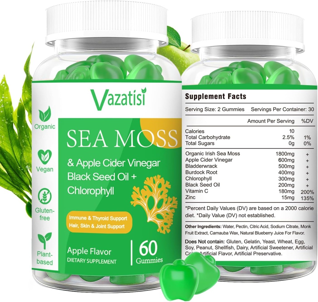 2 Pack Organic Irish Sea Moss Gummies cu ulei de semințe negru, Clorofila - tiroidă, Mood, Energy & Immune Support - Femei și bărbați, Adult & Kid - 120 Vegan Gummies