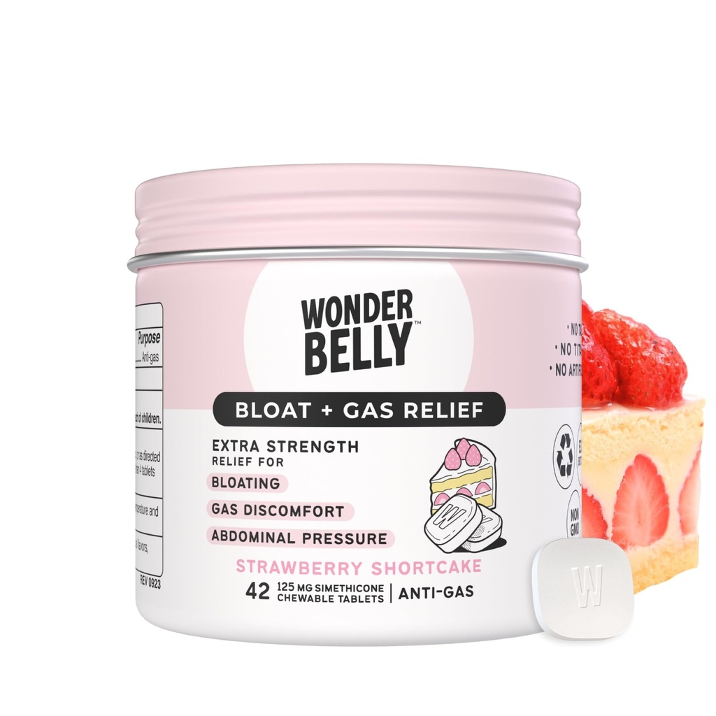 Wonderbelly Bloat + Gas Relief, Extra Force Chewable Tablets, cu 125 mg Simethicone, No Talc sau Dye, Strawberry Shortcake, 42 Count