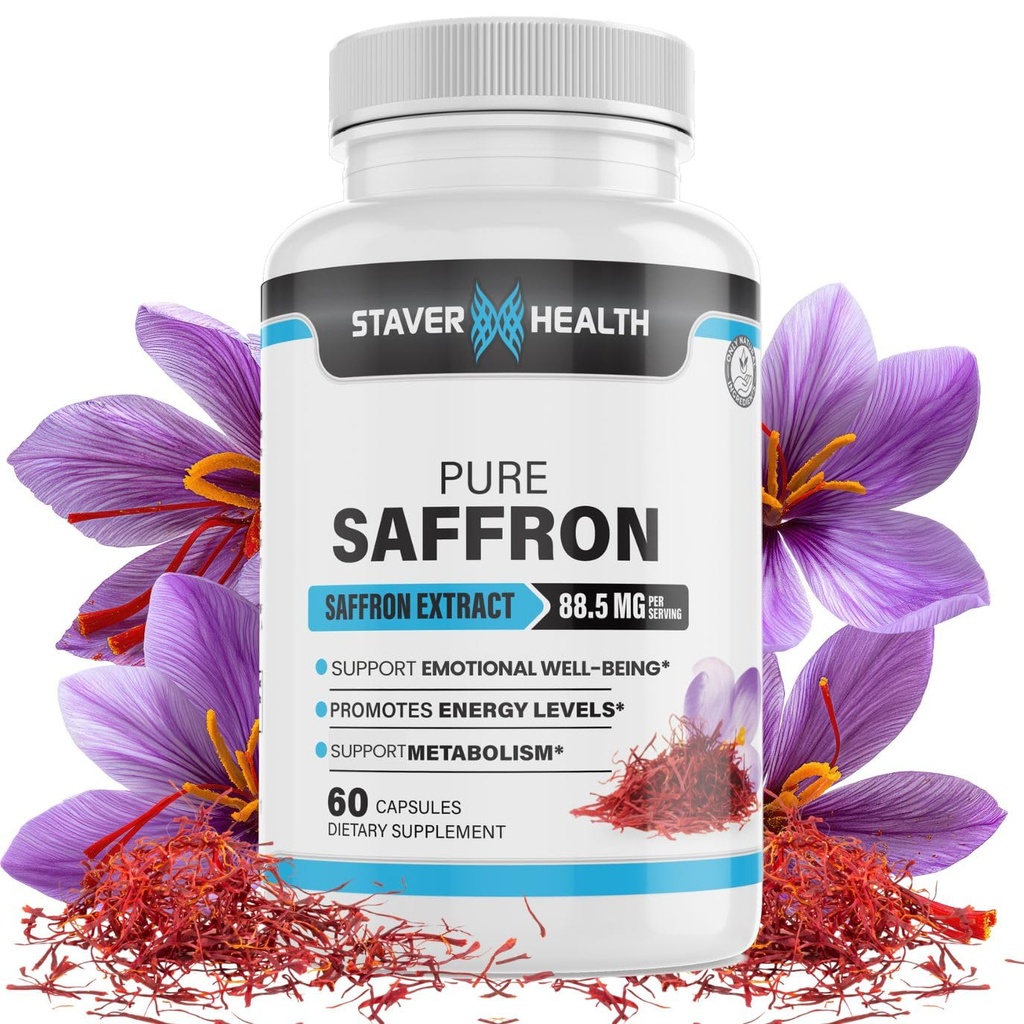 Capsule pure de extract de șofran, 88,5 mg, 60 de capsule vegetale pentru îmbunătățirea stării de spirit și suport energetic