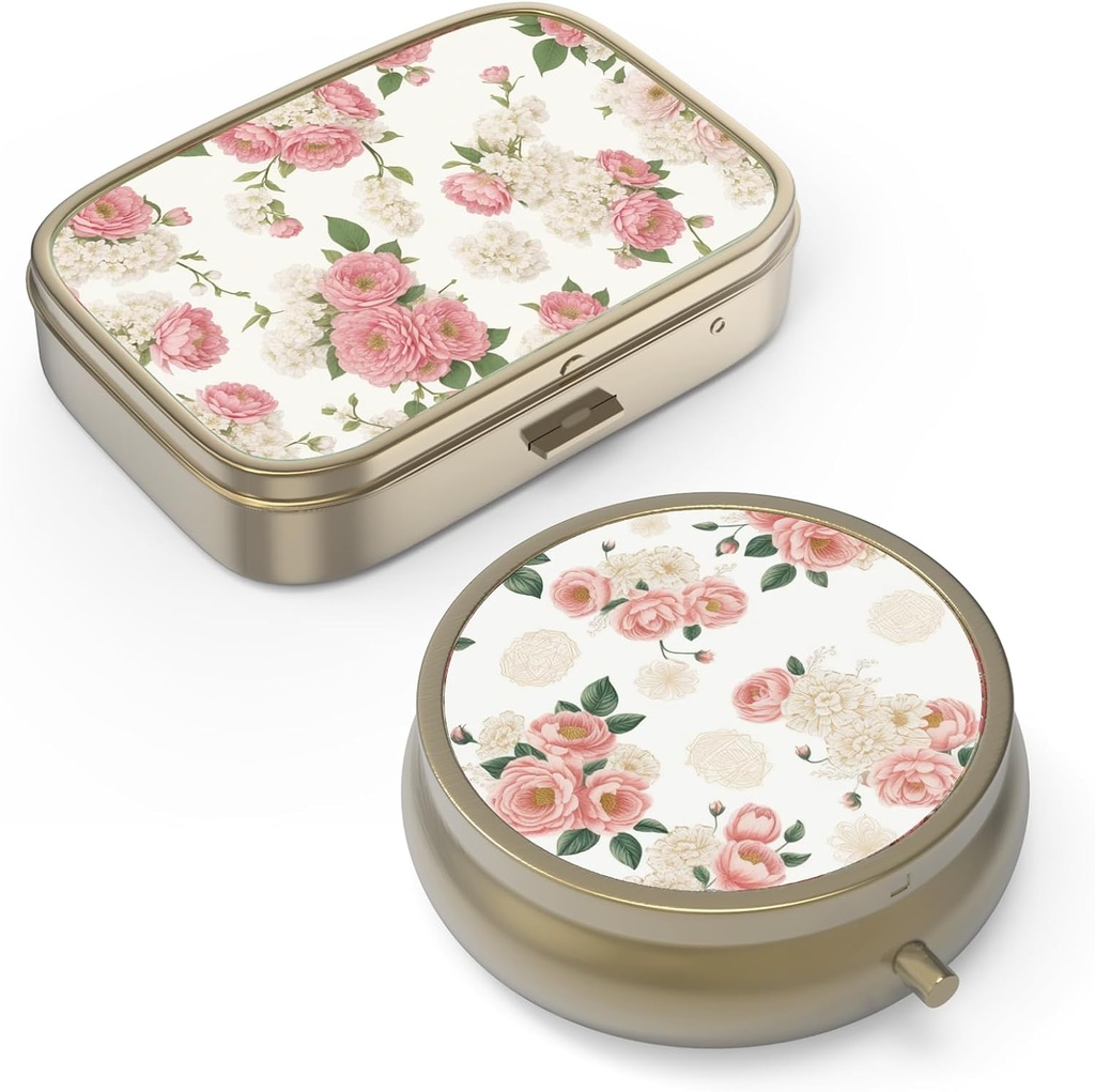 Pilula Organizator cutie de pastile cu Mirror Retro caz Pilula mica pentru Purse sau Pocket Pilula de Bronz cutie sau vitamine, ulei de pește, Suplimente, Pilula Contine cadouri de călătorie(2PCS-Retro roz floral)