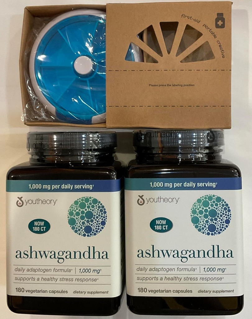 Youtheory Ashwagandha 1000mg cu KSM-66 - Ajuta la sustinerea unui raspuns de stres sanatos,180 capsule (Pachet de 2) si Pill Orgnizer Bundles