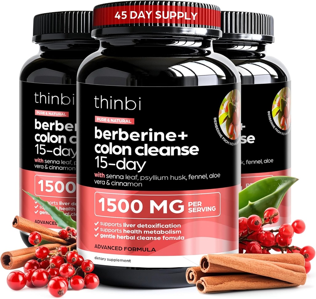 Colon Cleanse Berberine Supliment 1500mg - 3 Pack - 15-Day Extra Putere pentru bărbați și femei w / Senna Leaf, Fast-Action Laxative naturale pentru constipație Relief, Gut Health -Made in USA