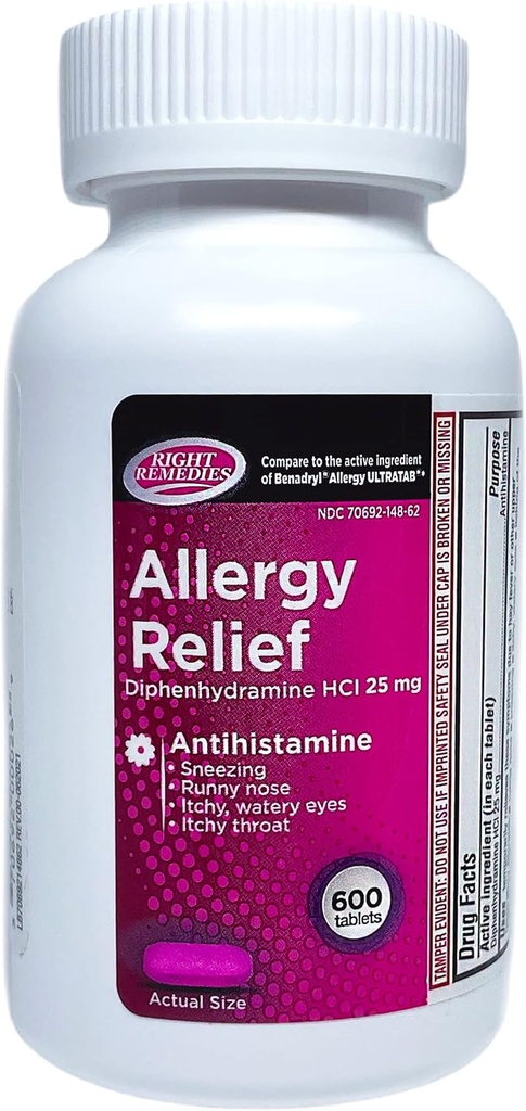 Alergie Relief Antihistaminic, Difenhidramină HCl 25mg, (600 Count), Comparativ cu National Brand Alergia Ultratabs, Relieves Sezoniere interior sau în aer liber Alergii respiratorii superioare