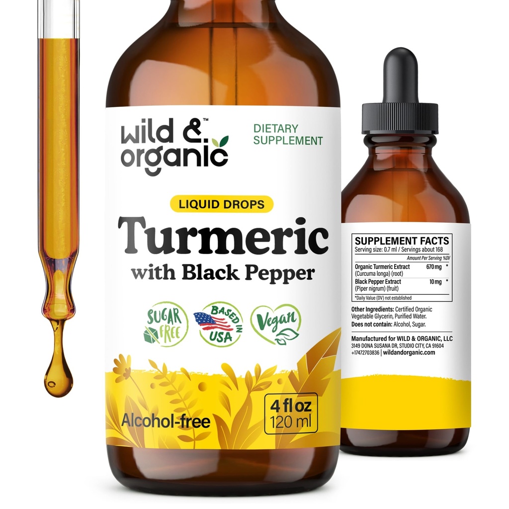Tinctură sălbatică și organică - Curcumina turmerică cu extract de piper negru - Supliment de sprijin pentru mobilitate - Picături lichide cu curcumina - Vegan, zahăr și alcool - 4 fl oz