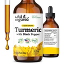 Tinctură sălbatică și organică - Curcumina turmerică cu extract de piper negru - Supliment de sprijin pentru mobilitate - Picături lichide cu curcumina - Vegan, zahăr și alcool - 4 fl oz