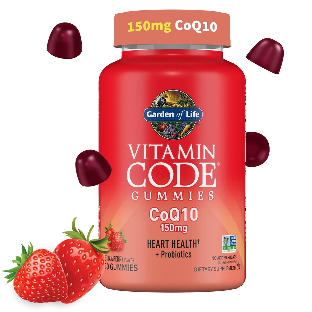 Gradina de viata Cod Vitamina CoQ10 Gumries 150 mg, Coenzime Q10 pentru sanatatea inimii, Productia de energie si imbatranire sanatoasa + Prebiotice si Probiotice pentru Digestie, Non-GMO, Gluten-Free, 60 de gume de capsuni