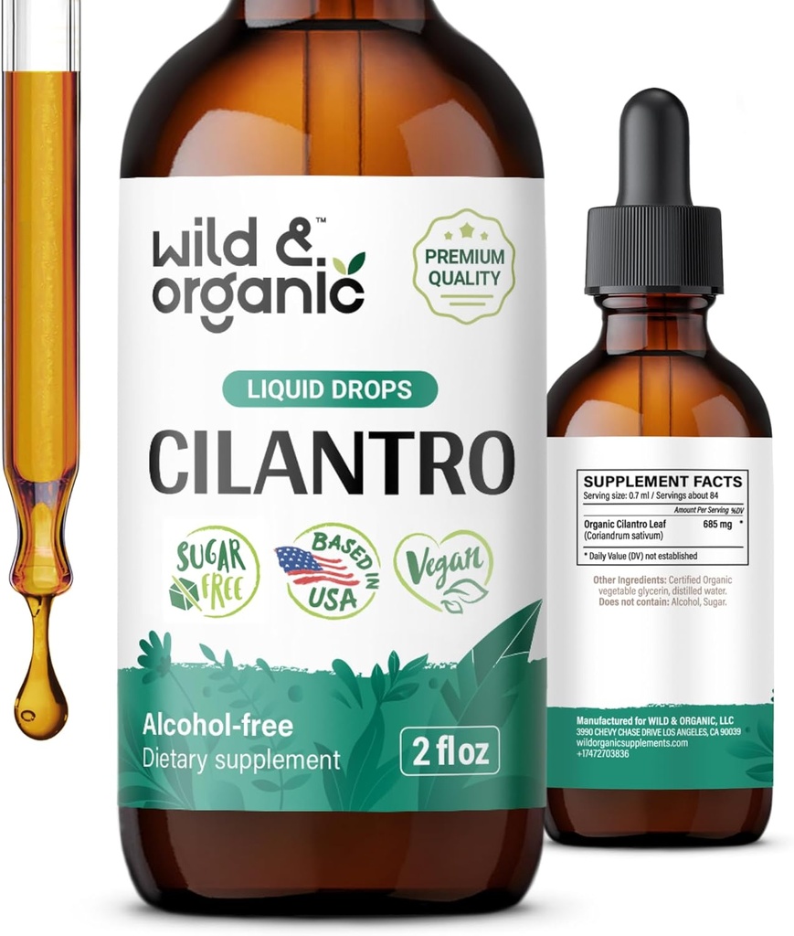 Wild & Organic Cilantro Drops - Detox Cleanse with Liquid Cilantro Supplement - Coriander Leaf Extract Tincture - Vegan, Sugar & Alcohol-Free - 2 fl oz