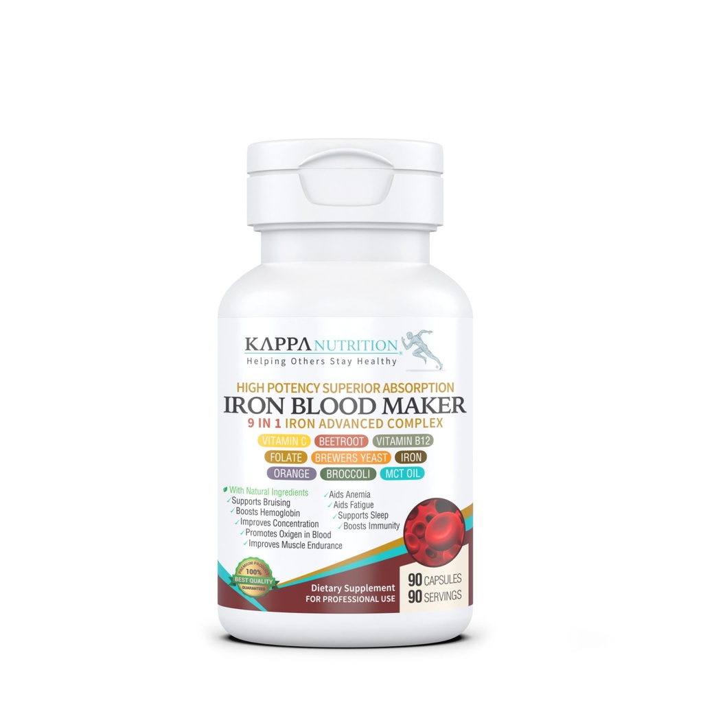 KAPPA NUTRITION Iron 26mg, Vitamina C & Orange 150mg, Folate 667mcg DFE, Vitamina B12, Beetroot, Brewers Yeast, Broccoli & MCT Oil 9 în 1 Complex avansat (90 capsule)