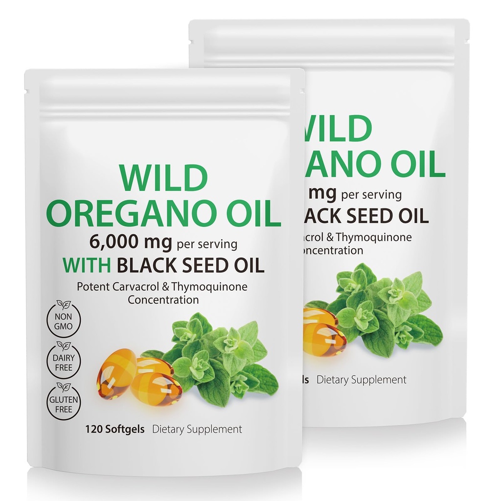 Daiasns Oregano Oil Capsules, 240 Softgels, 2 in 1 6,000mg Wild Oregano Oil with Black Seed Oil 200mg Supplement- 4X Strength Carvacrol & Thymoquinone, Gluten Free