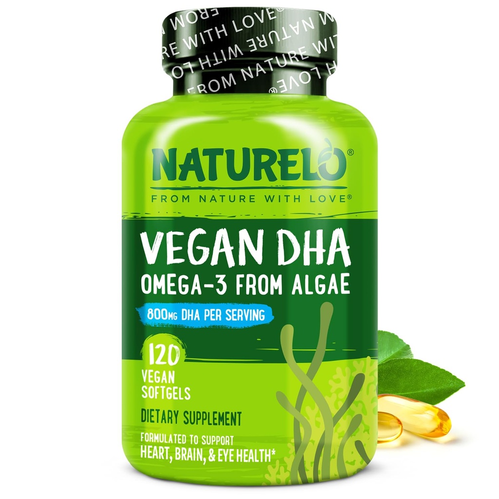 NATURO Vegan DHA - Omega 3 Ulei din Algae - Supliment pentru creier, inimă, comun, sănătatea ochilor - Oferă acizi grași esențiali pentru femei bărbați și copii - Complements Vitamine prenatale - 120 Softgels