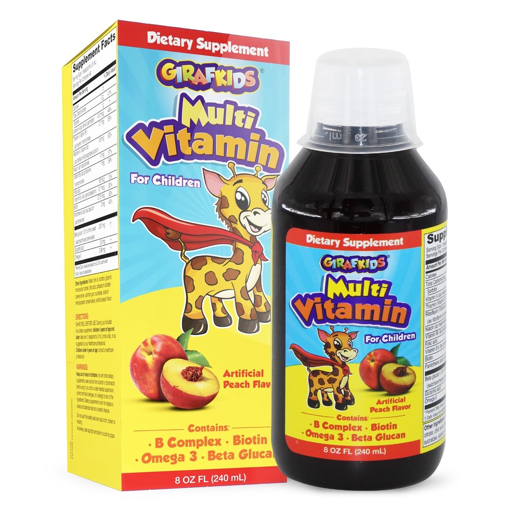 GirafKids Multivitamine lichide pentru copii Vârstele 4+, 8oz - Vitamine zilnice pentru copii cu Biotin, vitamina A, B Complex, Acid folic, Omega-3 & Beta Glucan - Supliment alimentar pentru copii de creștere și energie