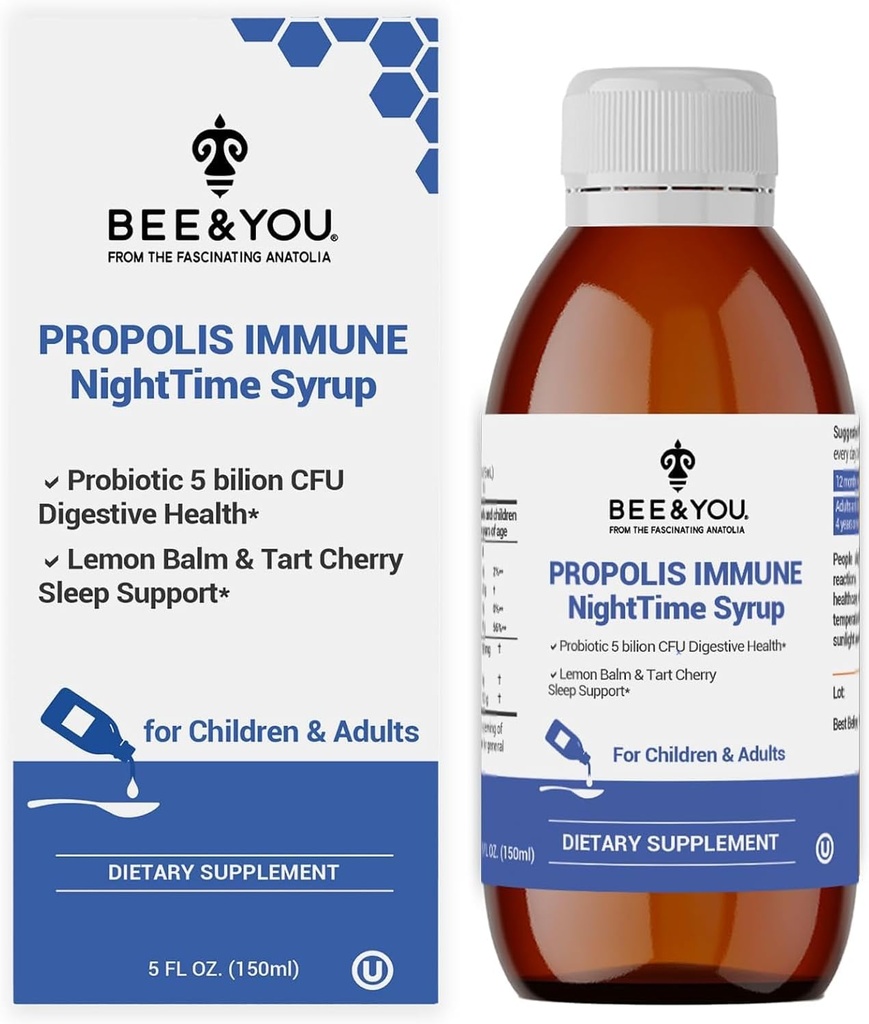 Bee and You Propolis Nighttime Syrup cu Probiotic, Vitamina C, și Elderberry - Formula blând pentru adulți și copii, 5 Fl Oz