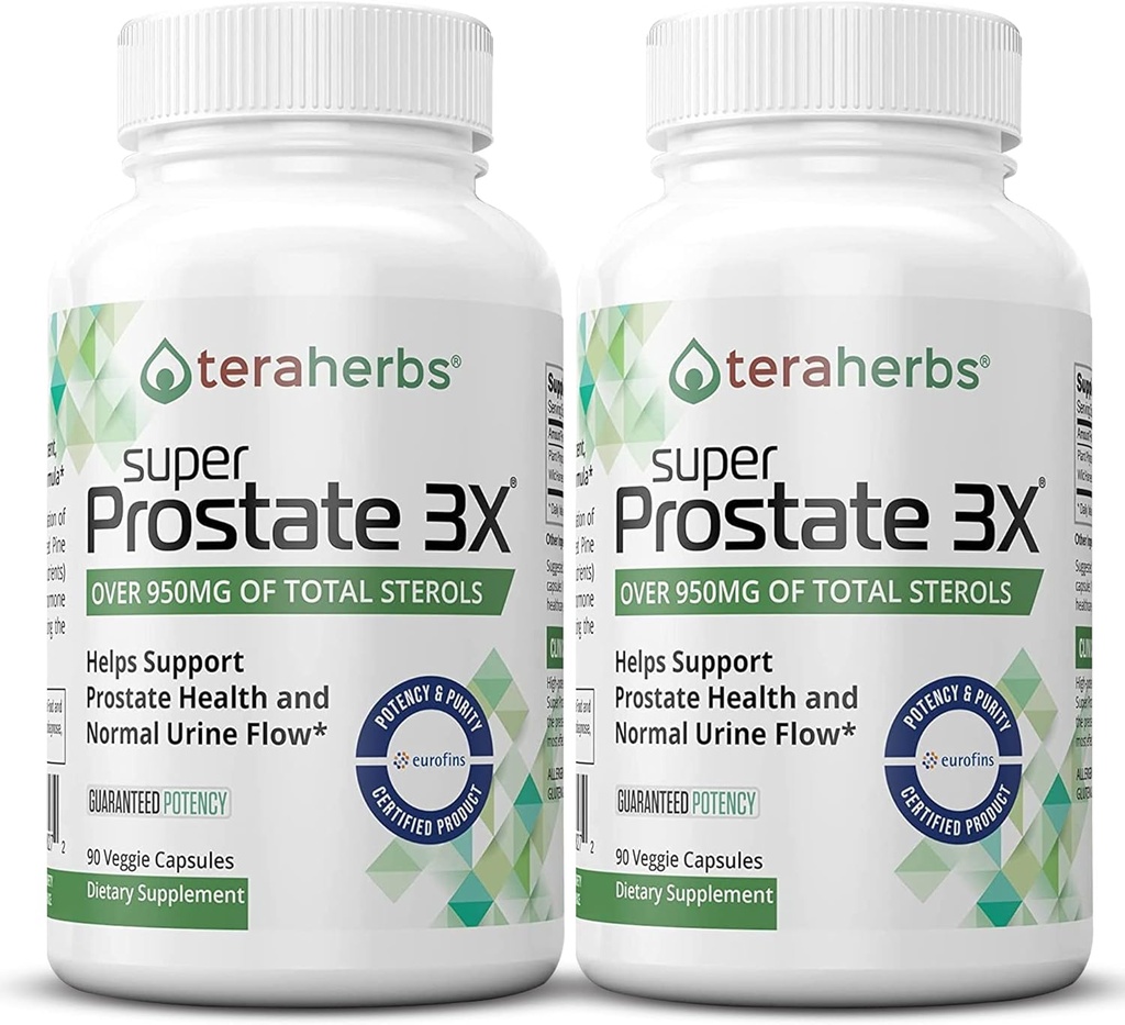 Tera Herbs Super Prostate 3X - Controlul vezicii urinare, Echilibrul hormonului & Suport pentru Prostate mărite & Urinare frecventă - Suplimente prostate pentru bărbați w/Beta Sitosterol nu a văzut Palmetto (2 ambalaj)