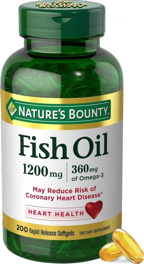 Ulei de pește de bounty naturale Omega 3 Suplimente - Suporturi Heart Health, 1200 Mg ulei de pește, Omega-3, 200 Softgels (Pachet de 1)