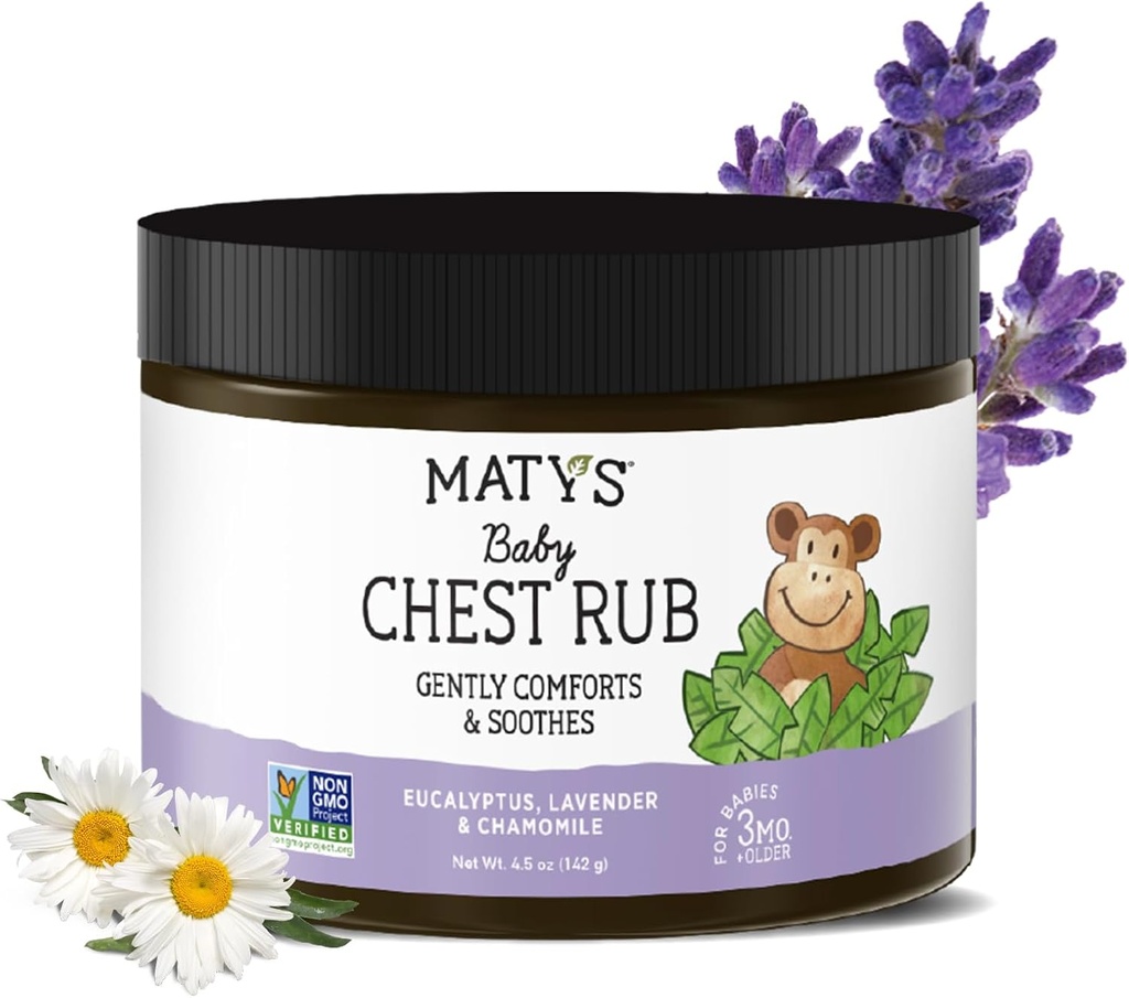 Matys Baby Chest Rub, Soothing Congestion Relief Vapor Rub pentru copii 3 luni vechi +, Clean & Conforting Eucalipt, Lavandă, & Chamomile pentru somn, non-GMO, Petroleum Free, Mentol gratuit, 4.5 oz Tub