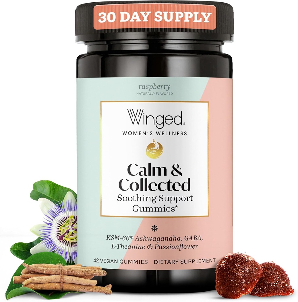 Winged Wellness Calm & Collected, Stress Relief Gumies - Stressse Supplement with KSM-66 Ashwagandha, L-Theanine, GABA & Passionflower - Vegan & Gluten-Free Gummy - Raspberry, 42 Count