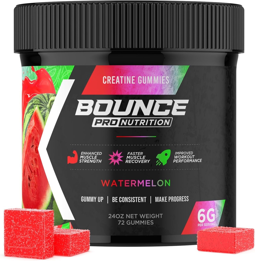Bounce Pro Creatin Monohidrat Gummies for Men & Women, Low Calorie, 6G of Creatin per Serving, Vegan, Anti-Melting, Gluten-Free, Non-GMO, 2g of Creatin per Gummy (72ct, Pepene verde)