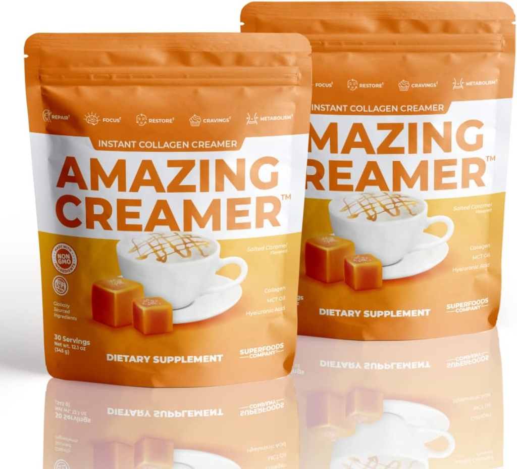 Superfoods Company Amazing Creamer with Colagen - Keto Creamer-Hyaluronic Acid & MCT Ulei - Brain Boost & Curbs Cravings - Suporturi Sanatos piele si par - Diet-Friendly [60 Serviri] [Caramel salat]