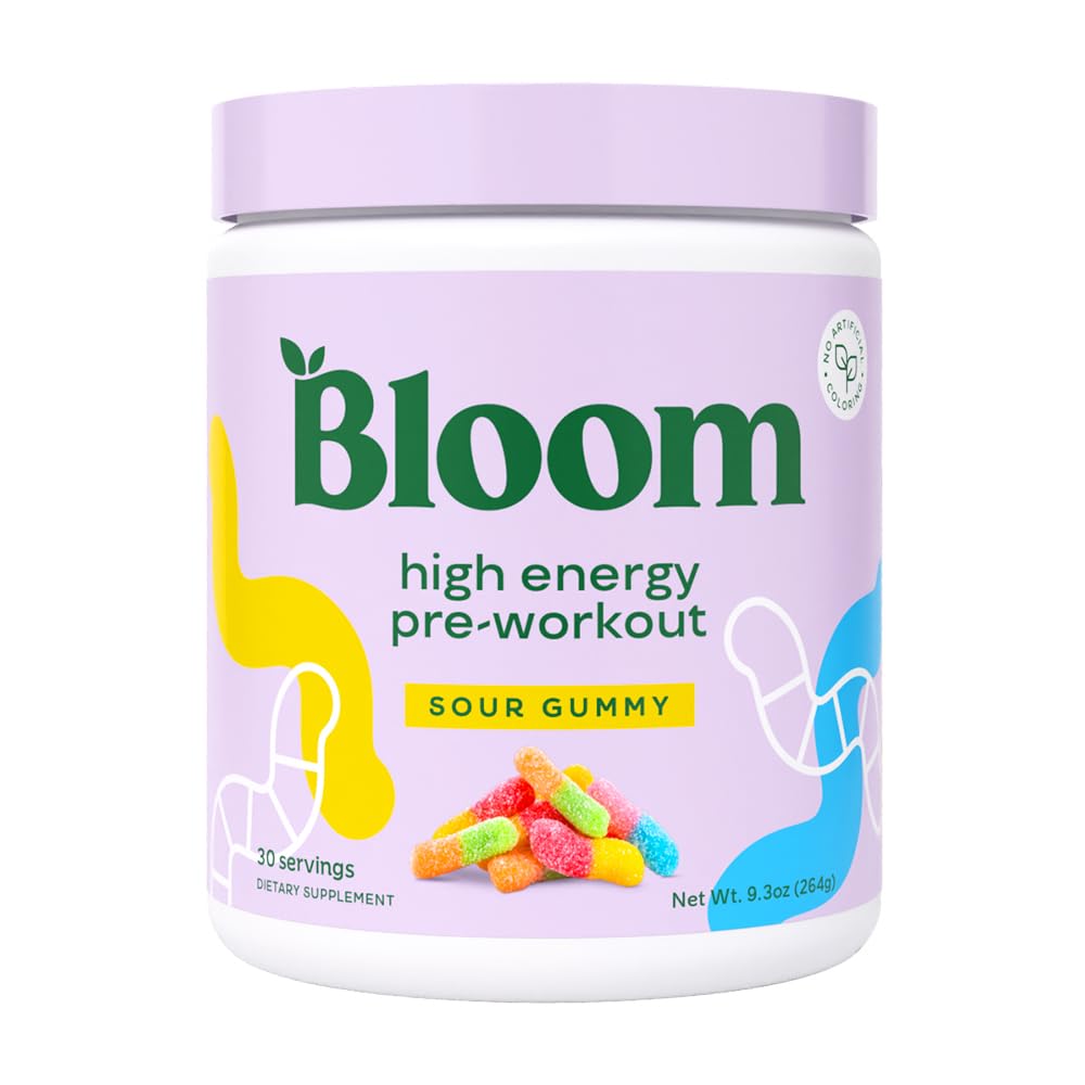 Bloom Nutrition High Energy Pre Workout Powder, Amino Energy cu Beta Alanine, Ginseng & L Tyrosine, Natural Cafeina pulbere din extract de ceai verde, Sugar Free & Keto Drink Mix (Sour Gummy)