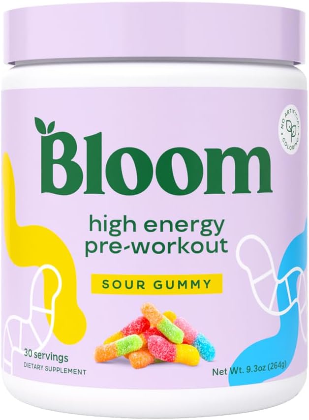 Bloom Nutrition High Energy Pre Workout Powder, Amino Energy cu Beta Alanine, Ginseng & L Tyrosine, Natural Cafeina pulbere din extract de ceai verde, Sugar Free & Keto Drink Mix (Sour Gummy)