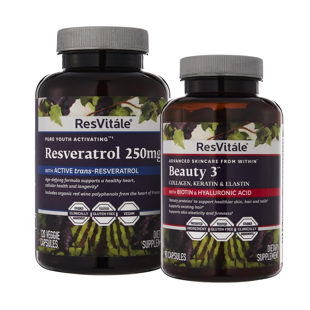 ResVitale Beauty 3 - Supliment de îngrijire a pielii cu Colagen, Keratina & Elastin - 90 capsule & Resveratrol 250 mg - Suplimentul Resveratrol pentru bărbaţi şi femei - 120 Capsule vegetale