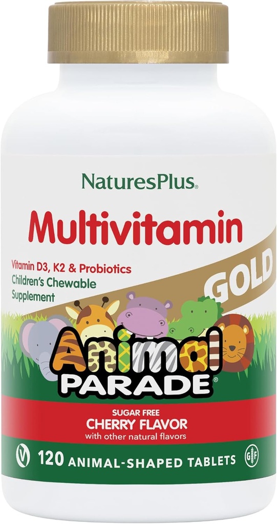NaturasPlus Parada Animalelor de Aur Multivitamine pentru copii masticabile - Aroma de cireșe naturale - 120 Figuri de animale, Pachet de 2 - cu vitamina D3, K2 & Probiotice - 120 Serviri totale