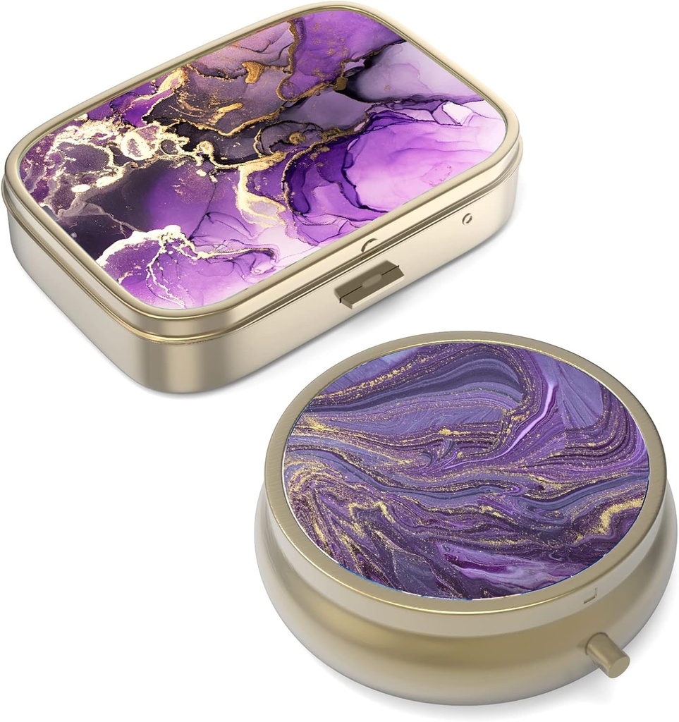 Pill Case Pill Box with Mirror Retro Small Pill Case for Purse or Pocket Bronze Pill Box or Vitamins, Fish Oil, Supplements, Pill Containe Travel Gifts（2PCS）