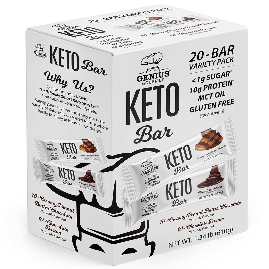 Genius Gourmet Gluten gratuit Keto Proteine Bar, Ciocolata Keto Baruri, MCT-uri Premium, Carb scăzut, Zahăr scăzut (Pachet Varietate, 20 Conte (Pachet de 1))