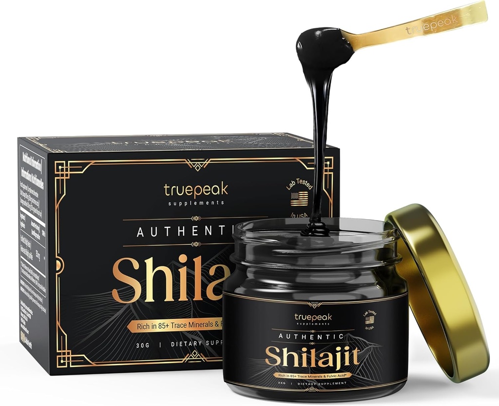 Himalayan Shilajit Resin - grad de aur, SUA-Lab verificat & Testat, 500 mg Potenta maxima, 85 Trace Minerale cu acid fuzelian si Humuc, Energie si suport imunitar, 30g