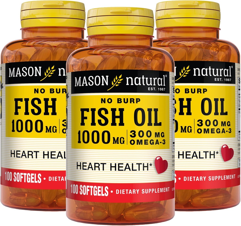 Mason Natural No Burp Fish Oil 1000 mg Omega,3 300 mg, suporta sanatatea normala a inimii, 100 Softgels (Pachet de 3)