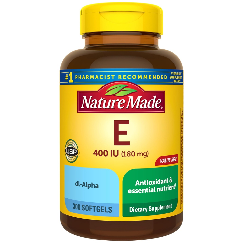Natural Made Vitamina E 180 mg (400 UI) dl- Alpha, Supliment alimentar pentru suport antioxidant, 300 Softgels, 300 zile de aprovizionare