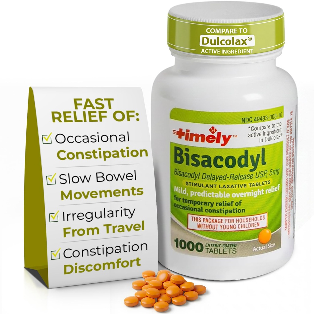 Timely Laxative Bisacodyl 5 mg comprimate - Stimulante Laxative pentru constipație Acționare rapidă și ușoară - Overnight Constipație Relief pentru adulți - 1000 comprimate