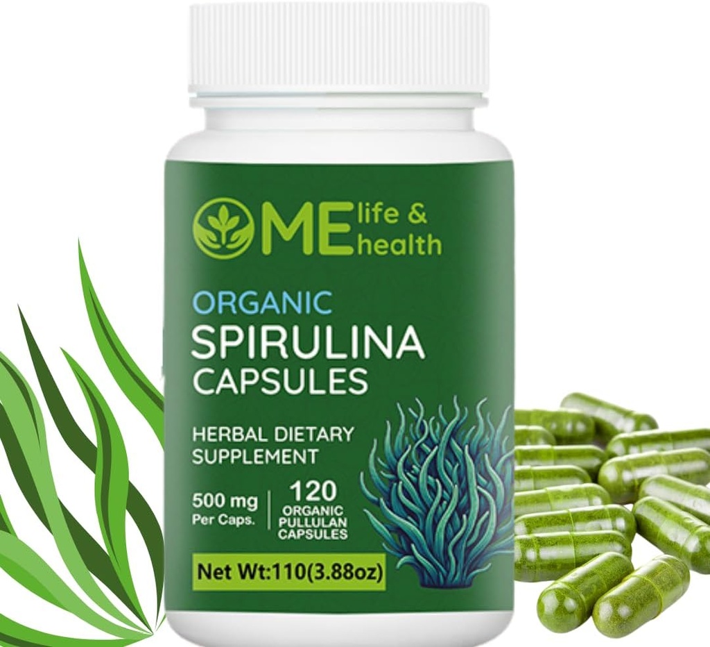 EU LIFE & Health Spirulina capsule, 100% Organic spirulina pulbere (120 ct) 500 mg bogat în proteine, vitamine A, B12 Antioxidanti si vitamine, Vegan, Natural si Pure Spirulina non-GMO & Gluten gratuit