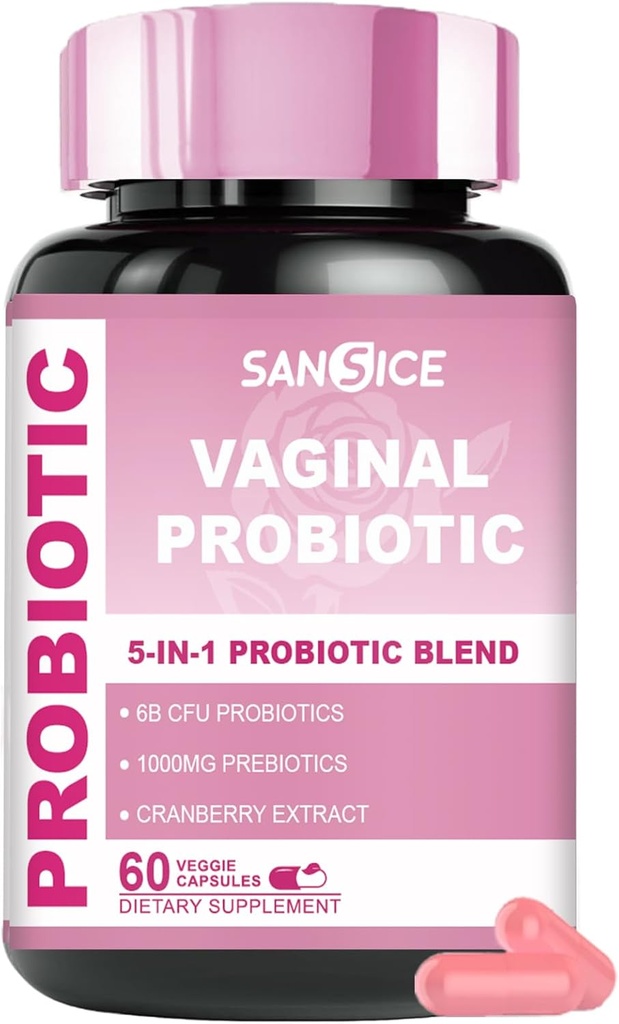 Probiotice vaginale Supliment pentru femei, 70mg Amestec V-Probiotic feminin (6B CFU), Lactobacillus cu prebiotic si extract de afine pentru Odor vaginal, echilibru pH, supliment prebiotic organic (60 capsule)