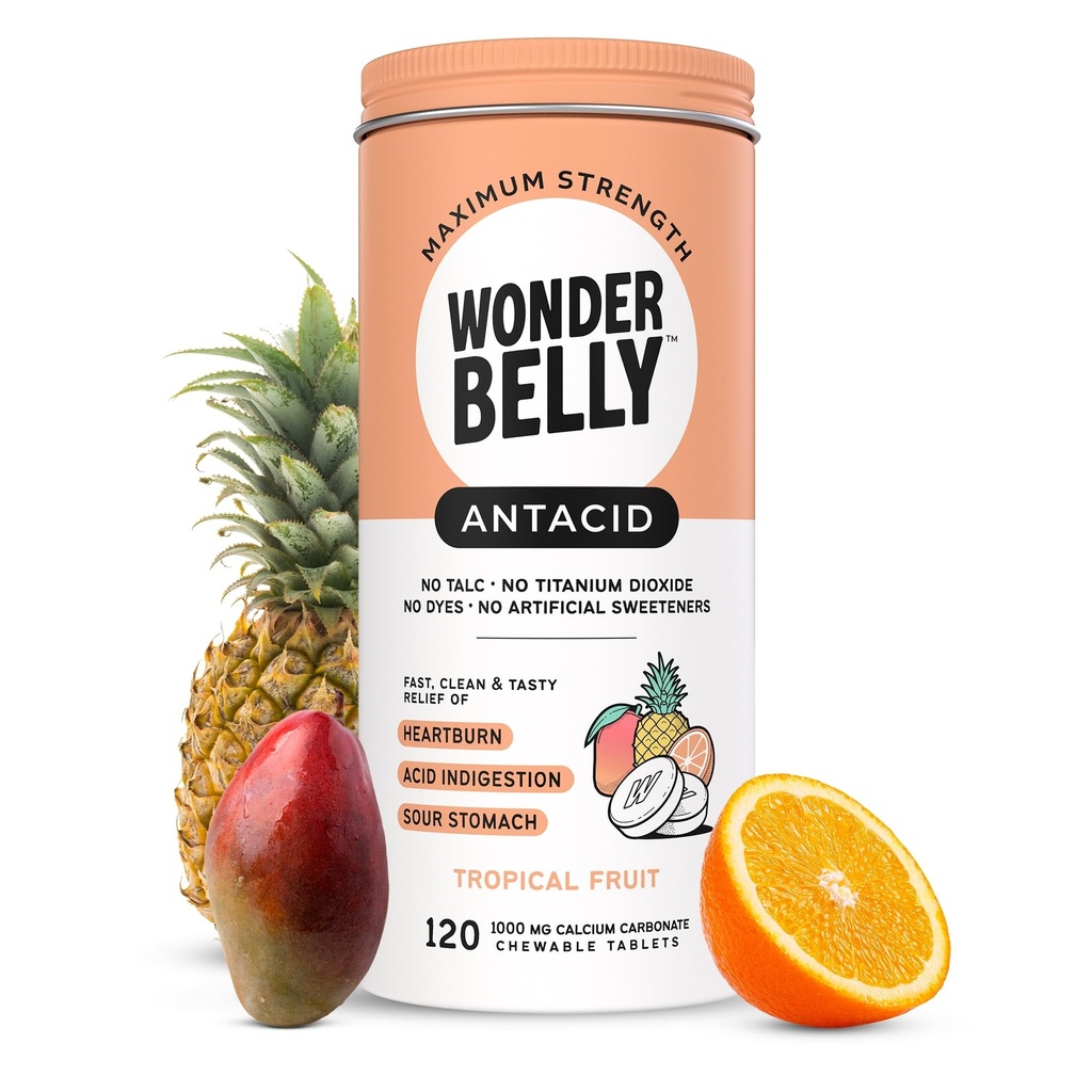 Wonderbelly Antiacid, Eficientă Arsuri la stomac și Acid Instant Indigestie Relief, Extra Putere Comprimate masticabile, 1000 mg carbonat de calciu, Talc sau Die, fructe tropicale, 120 Conte