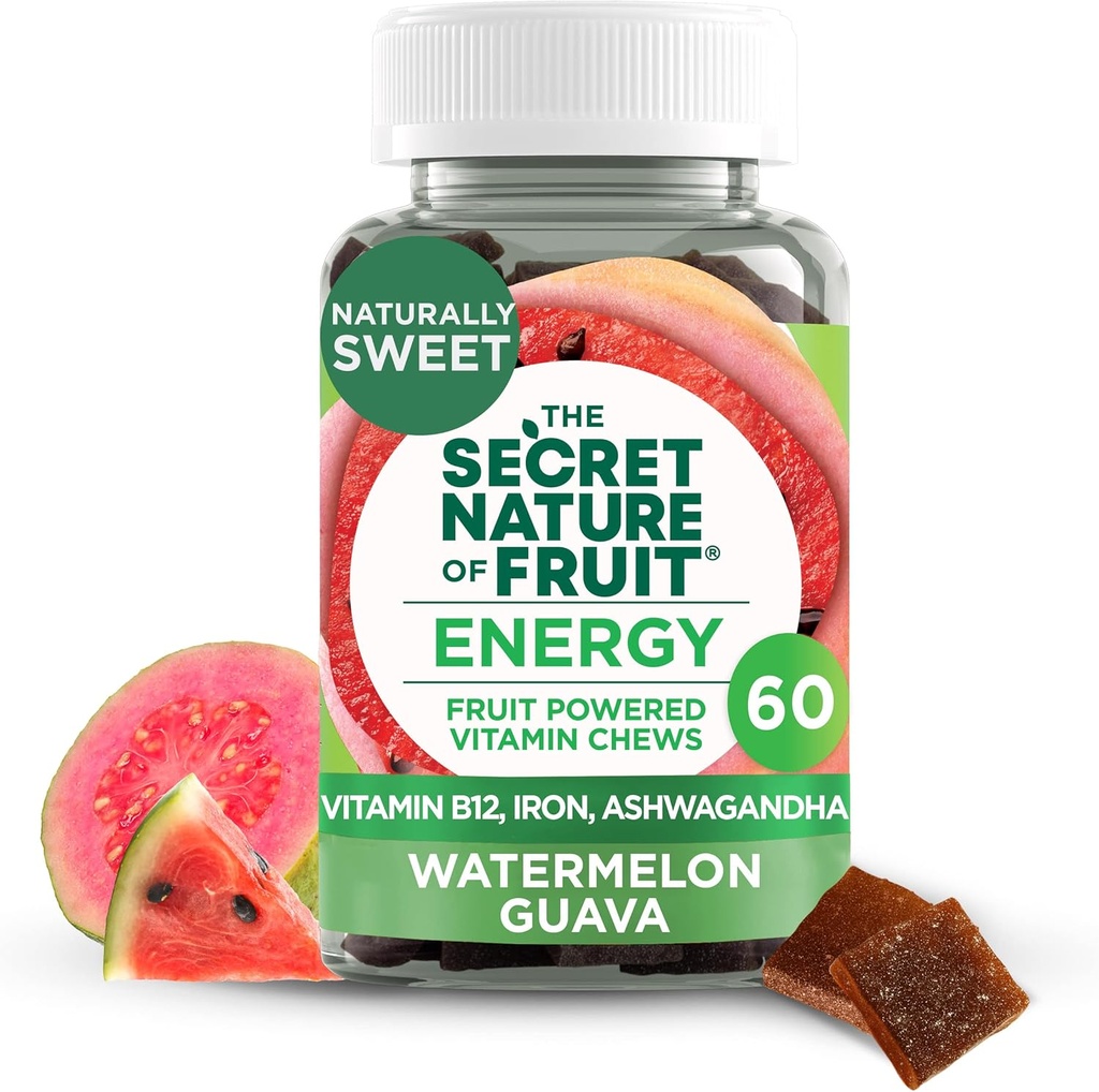 Natura secretă a consumului de fructe, fructe reale alimentat cu vitamine Chews cu vitamina B12, fier, Ashwagandha, pepene verde & Guava pentru energie de lungă durată (60 Conte), roz