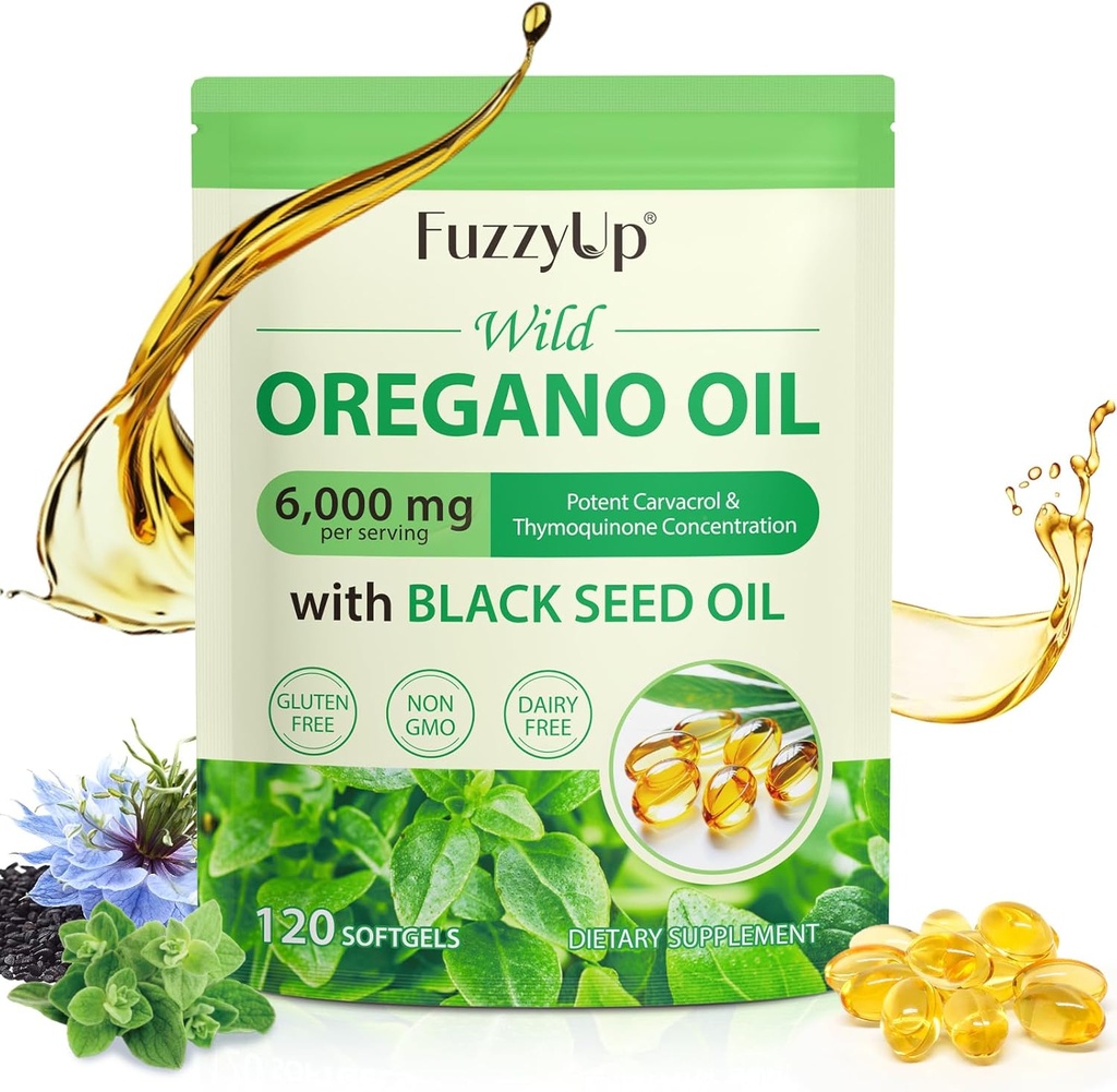 Capsule de ulei Oregano, 2 în 1 6000 mg ulei de Oregano cu ulei de semințe negru 200mg, Ulei de Oregano Softgels 120 Conte, Capsule de ulei organice Oregano, Suport imun, non-GMO, lactate-free, Gluten-Free