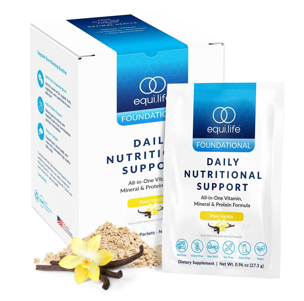 Equilife Daily Nutritional Support, All-in-One Multivitamine Masă de schimb, Aroma de Vanilla Pura, 15G Proteina Planta, Sprijină Wellness Global Inclusiv energie, Digestie, & Piele, 14 Pachete