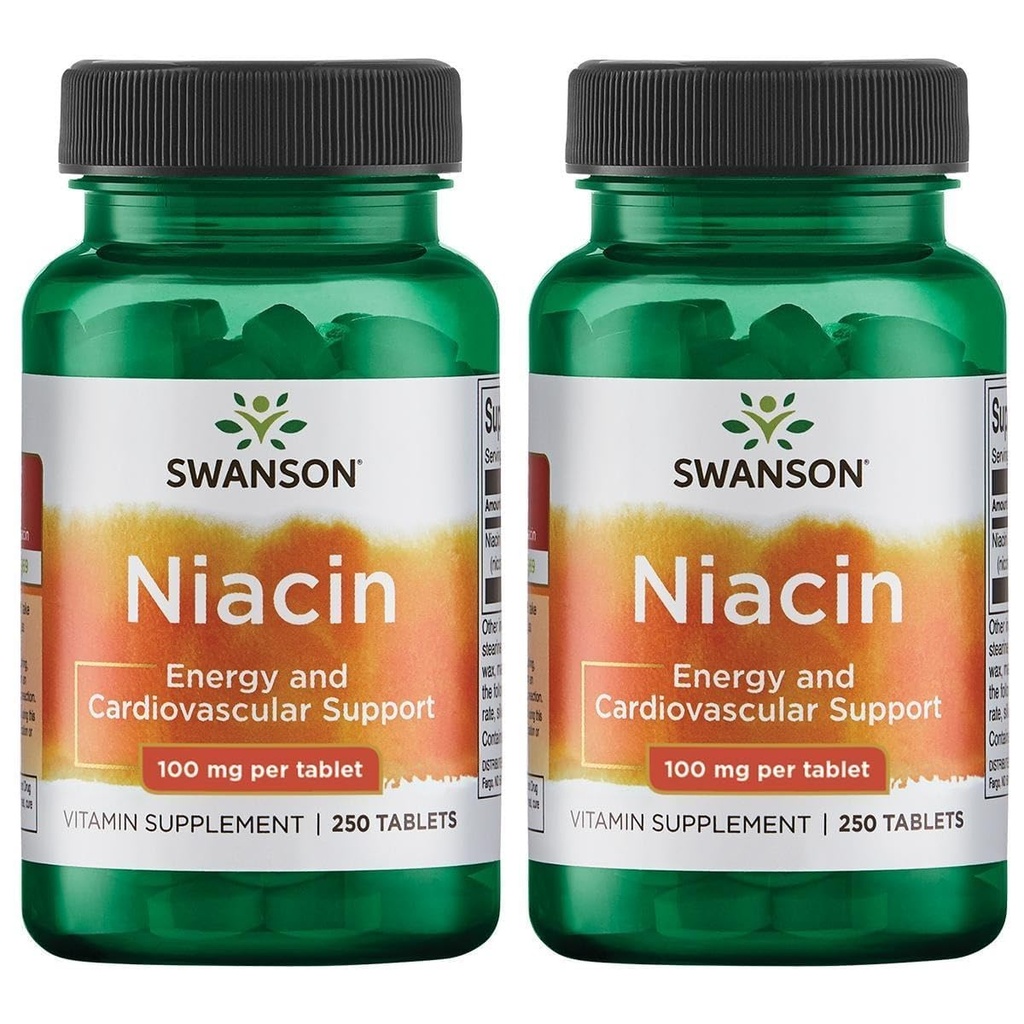 Swanson Niacin (Vitamina B3) - Suplimentul de vitamine care sprijină sănătatea inimii și metabolismul carbohidrat - promovează producția naturală de energie - (250 comprimate, 100 mg NE Fiecare) (2 ambalaj)